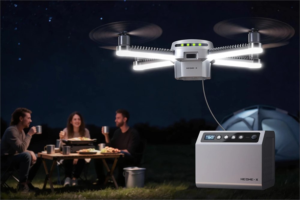 HEONE-X tethered aerial light hovering over a campsite