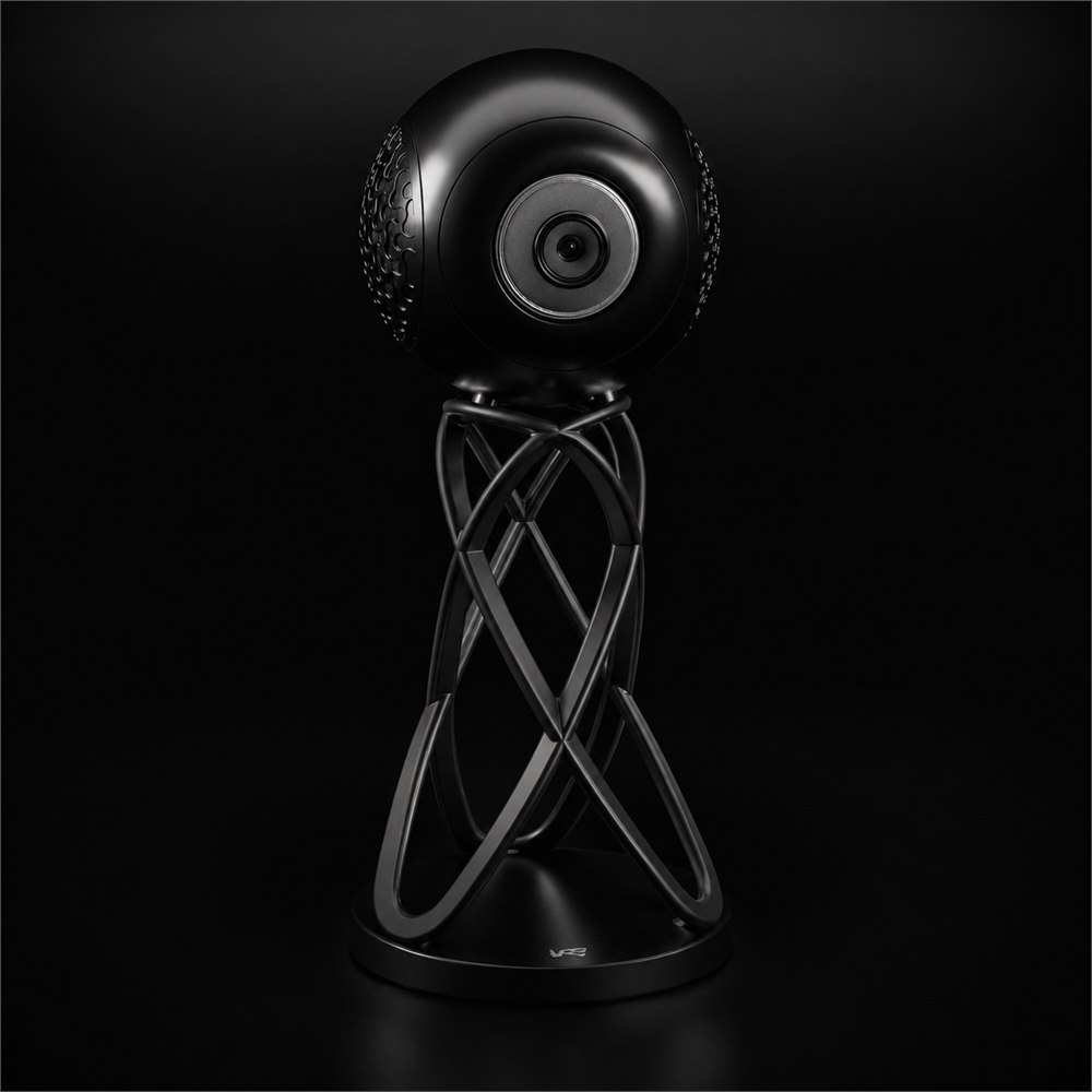 Front view of the Cabasse LA SPHERE EVO spherical speaker and looping stand