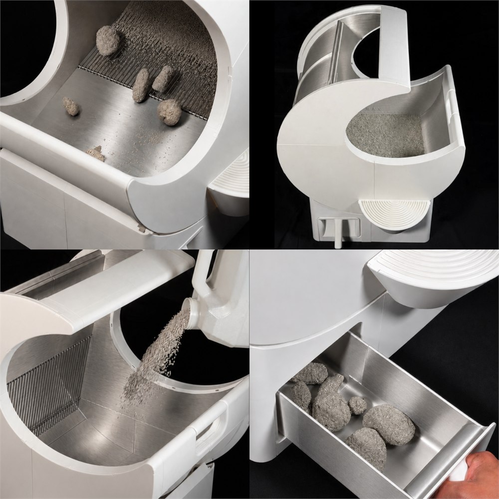 MoonBox stainless interior panels, sifting grate, and pull-out waste drawer details