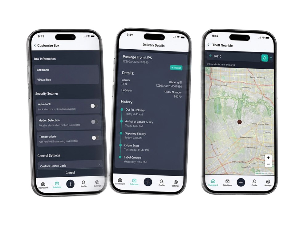 Arculus app screens for delivery tracking and package security