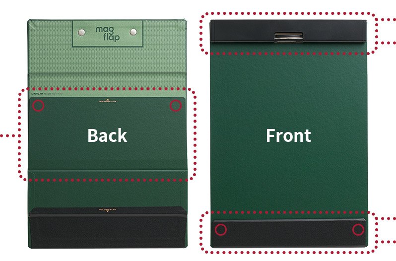 Front and back view of the KING JIM Magflap clipboard flaps