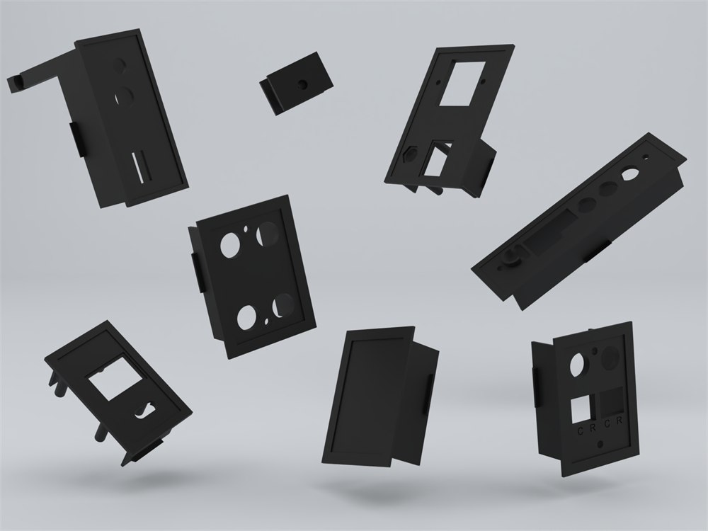 Black Audio Bricks adapter parts shown floating on a gray background