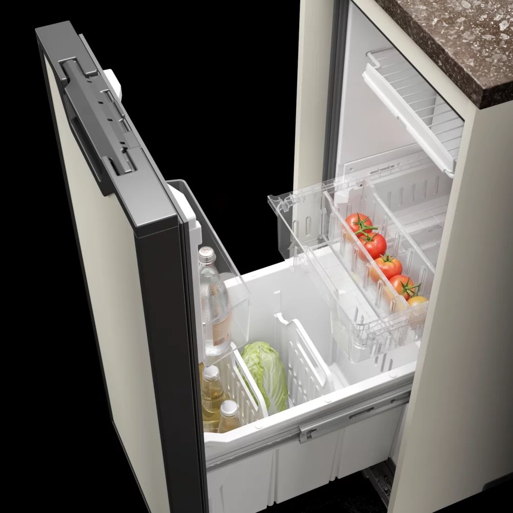 Buerstner Habiton 6.1 kitchen storage and refrigerator detail