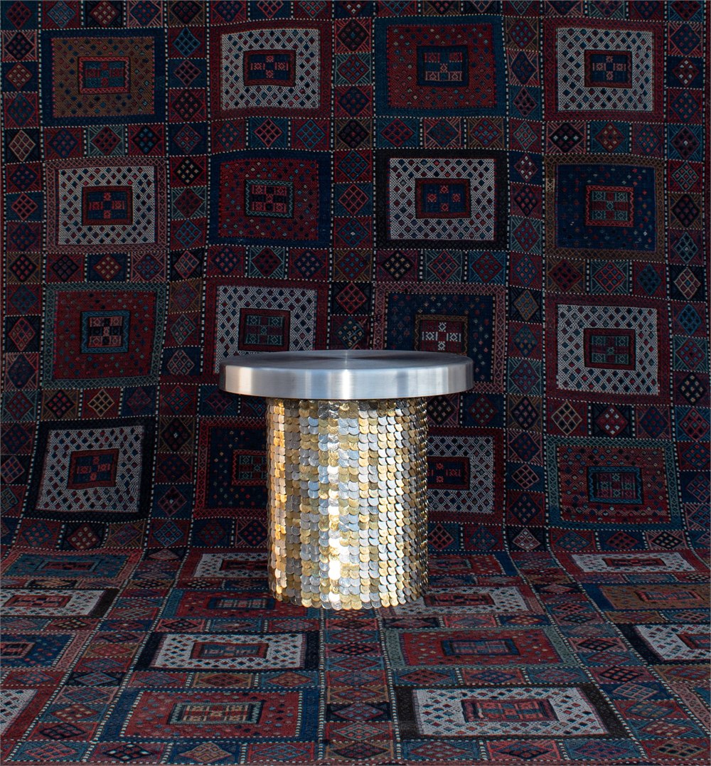 Studio Majnoona FRATA coin-clad side table with brushed metal top