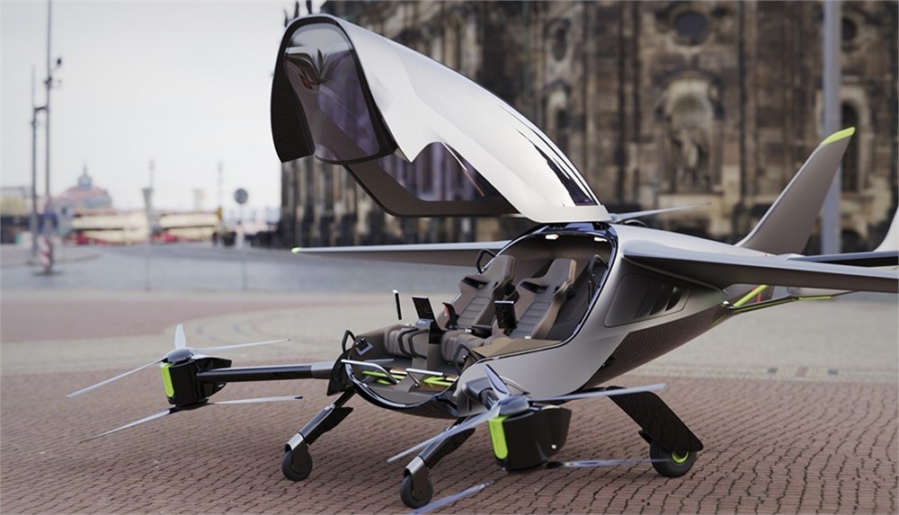 AIR ONE personal eVTOL aircraft with open canopy and two seats