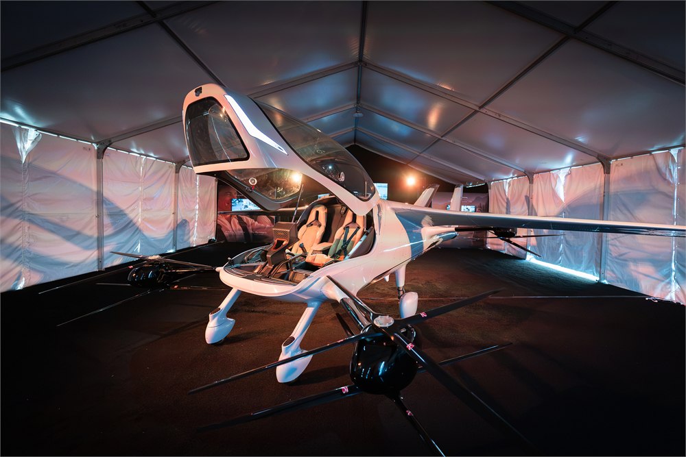 AIR ONE updated personal eVTOL aircraft displayed with cockpit open