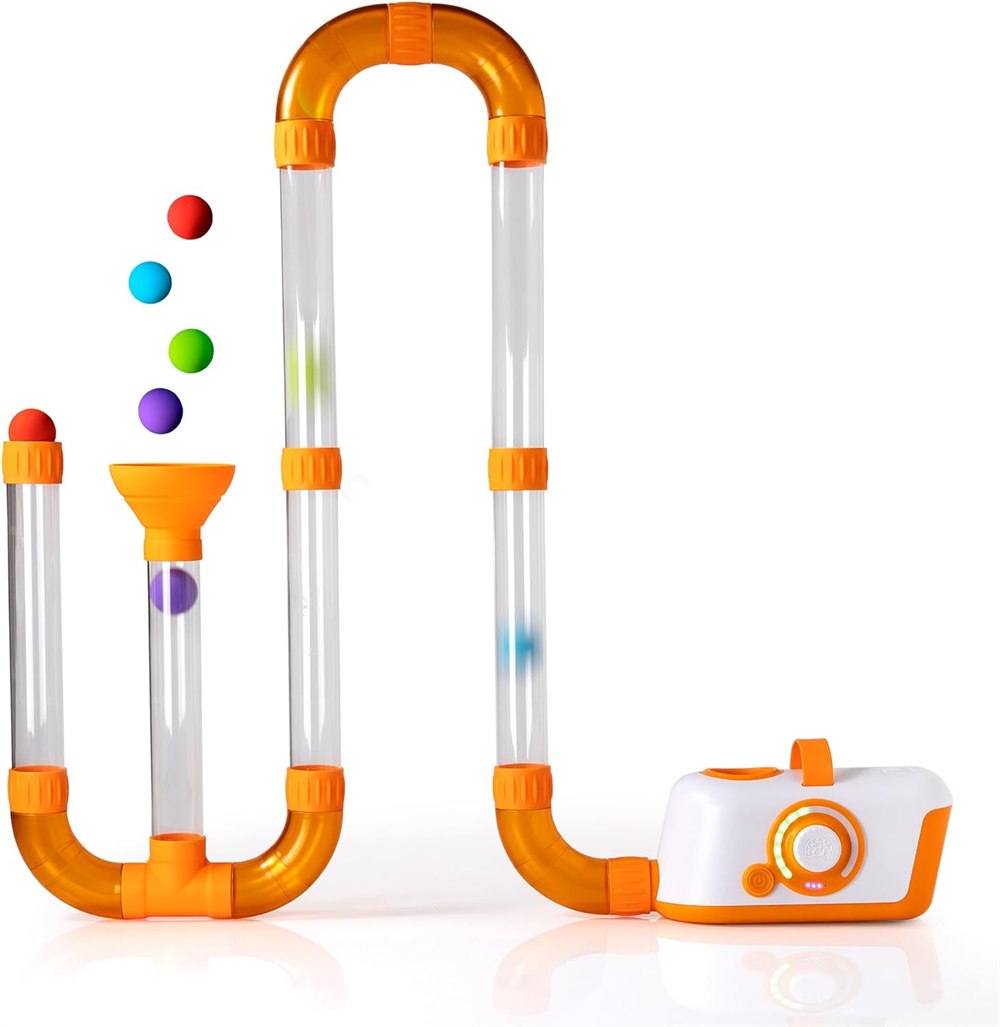 Air Toobz fan base connected to clear tubes with colorful foam balls