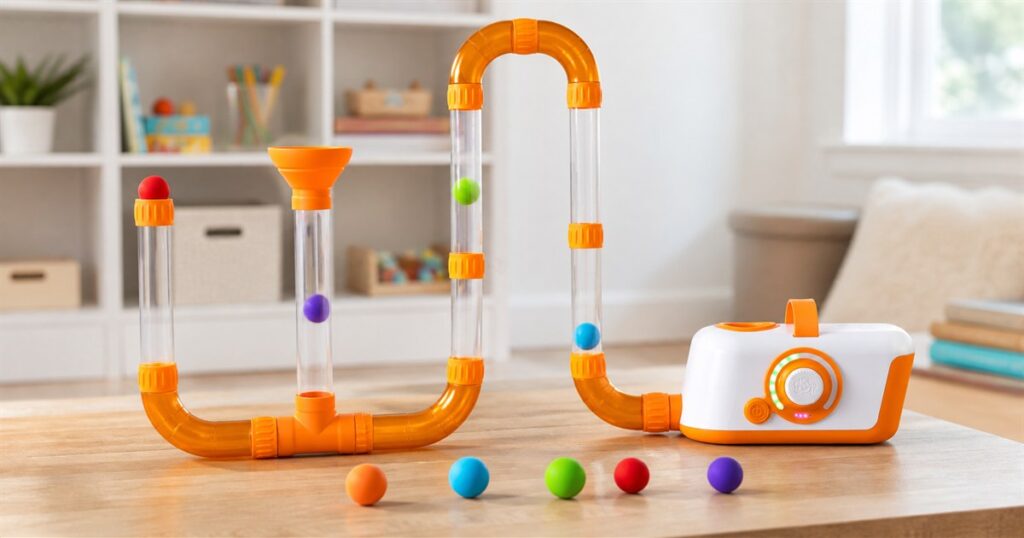 Fat Brain Toys Air Toobz air-powered STEM building toy with clear tubes and foam balls