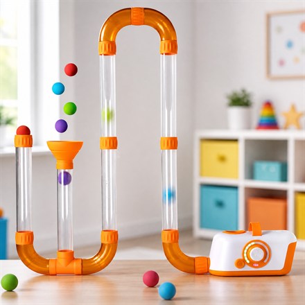 This Air-Powered STEM Building Toy Sends Foam Balls Through Clear Tubes
