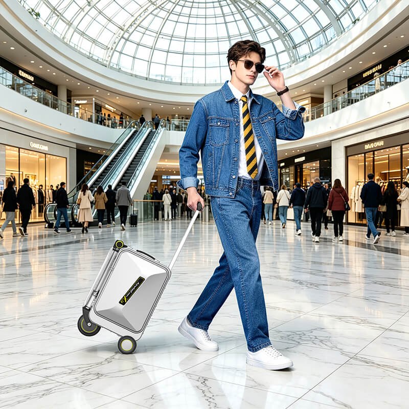 Airwheel SE3SXD being pulled through a shopping mall