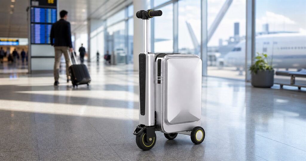 Airwheel SE3SXD rideable suitcase in an airport terminal