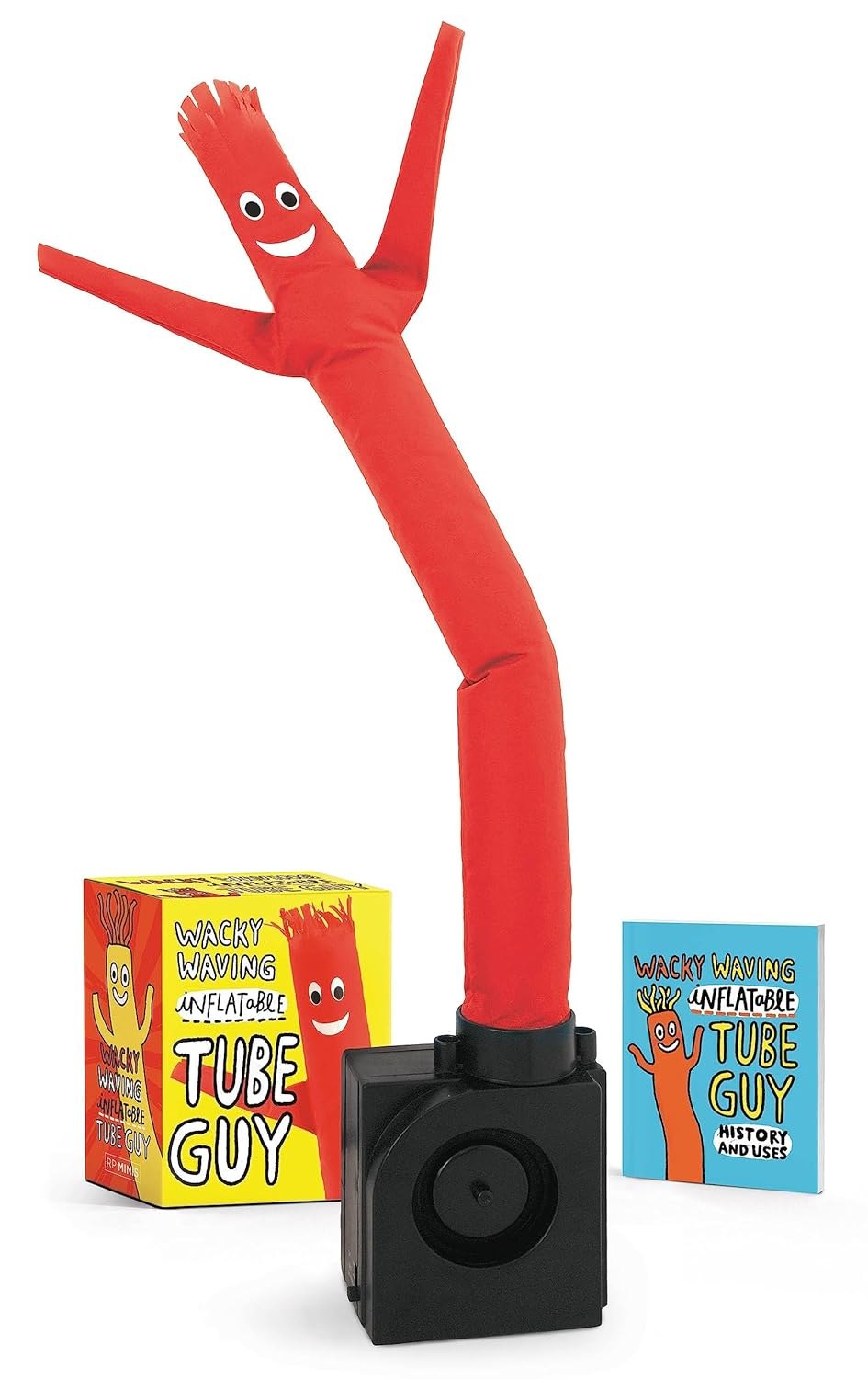 Mini red wacky waving inflatable tube guy with fan base, box, and mini book