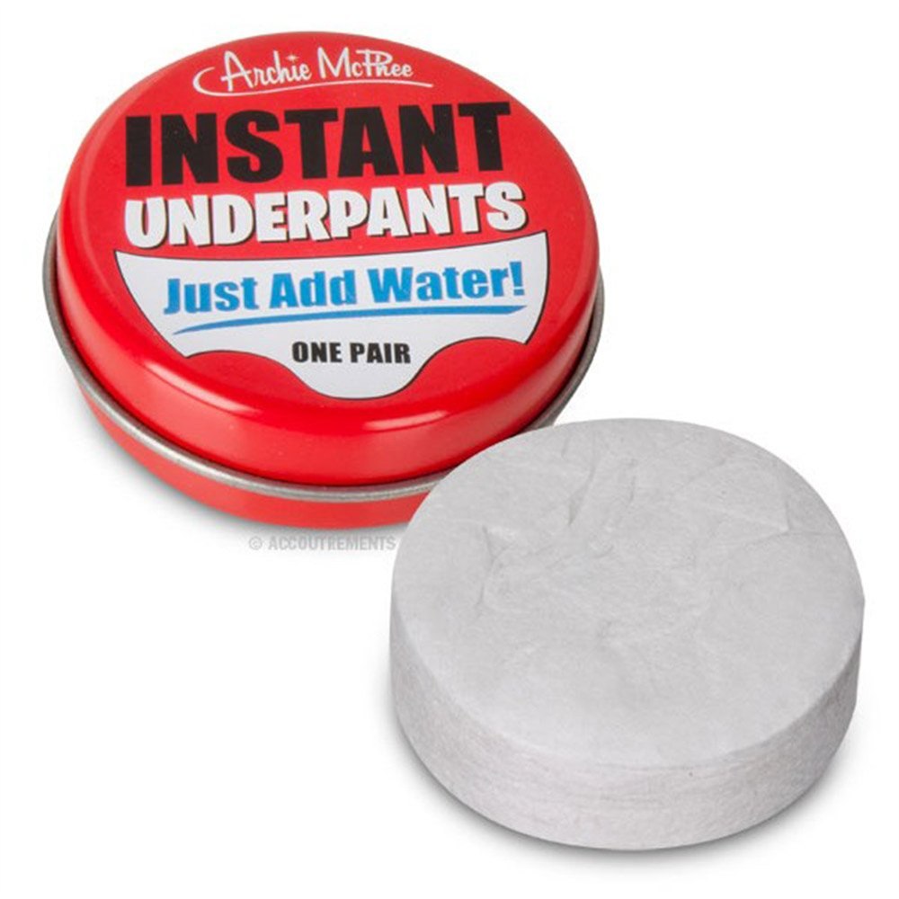 Archie McPhee Instant Underpants red tin with compressed pellet