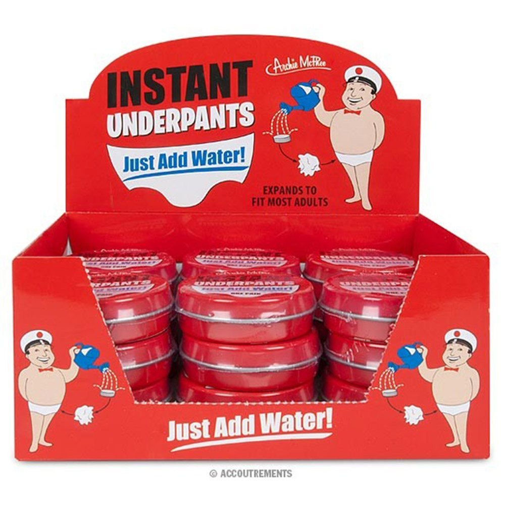 Archie McPhee Instant Underpants red bulk display box with tins