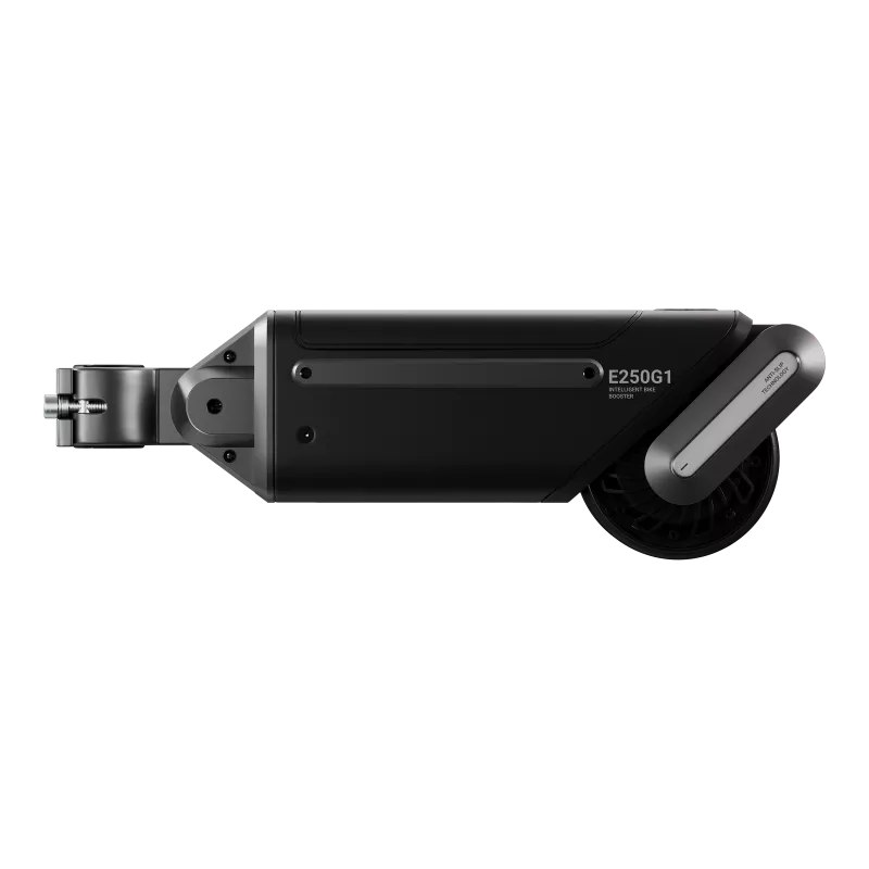 ASUS Oxiis E250G1 bike booster mounted near a bicycle rear wheel