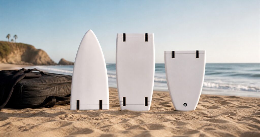 ATACH modular travel surfboard separated into three sections on a beach