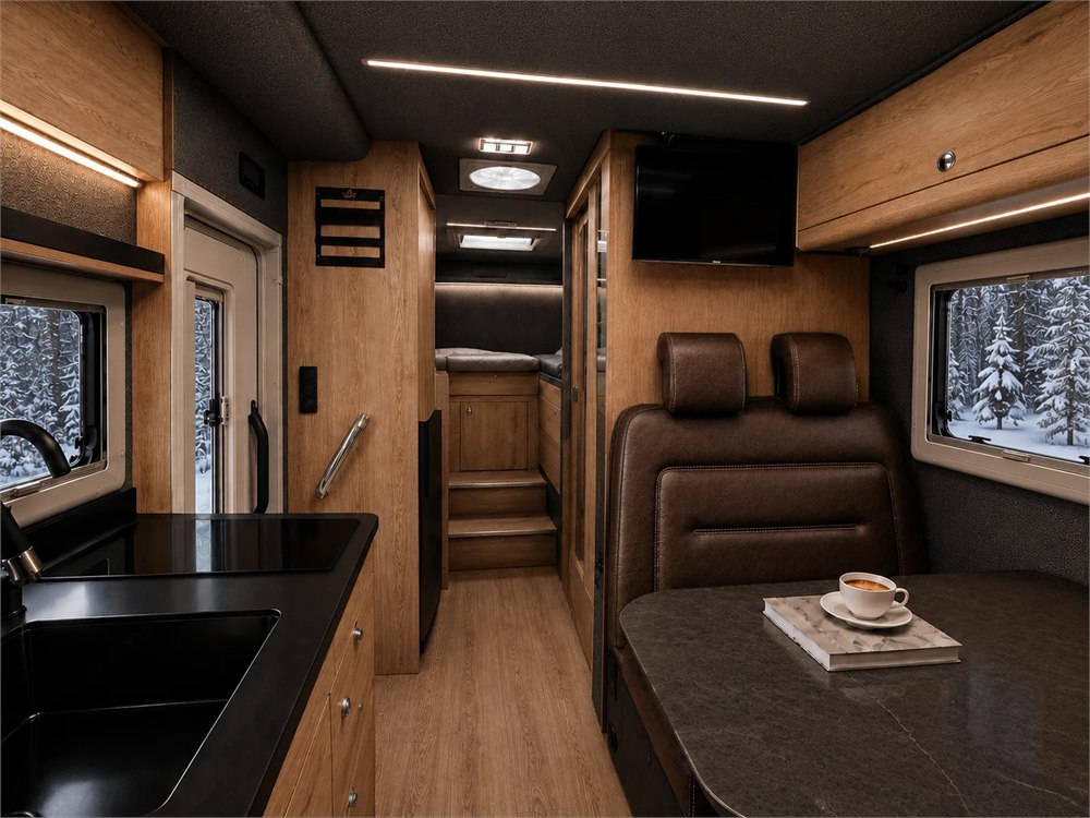 Atlantis Carbon 4x4 interior with transverse bed layout
