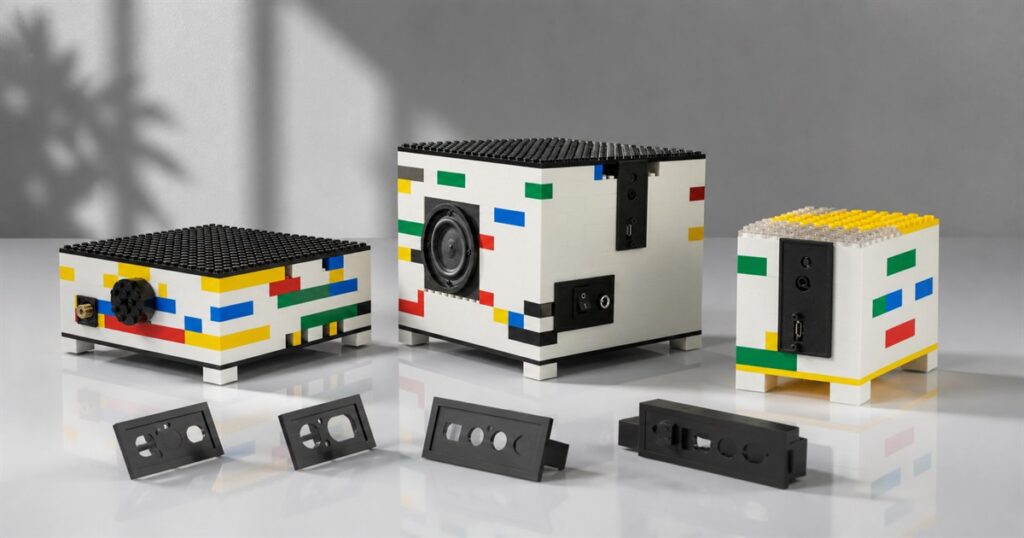 Audio Bricks modular LEGO-style hi-fi components arranged on a studio table