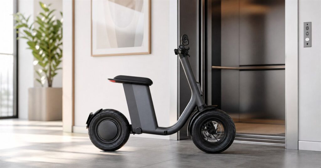 Augment 360 folding electric moped parked beside an elevator lobby