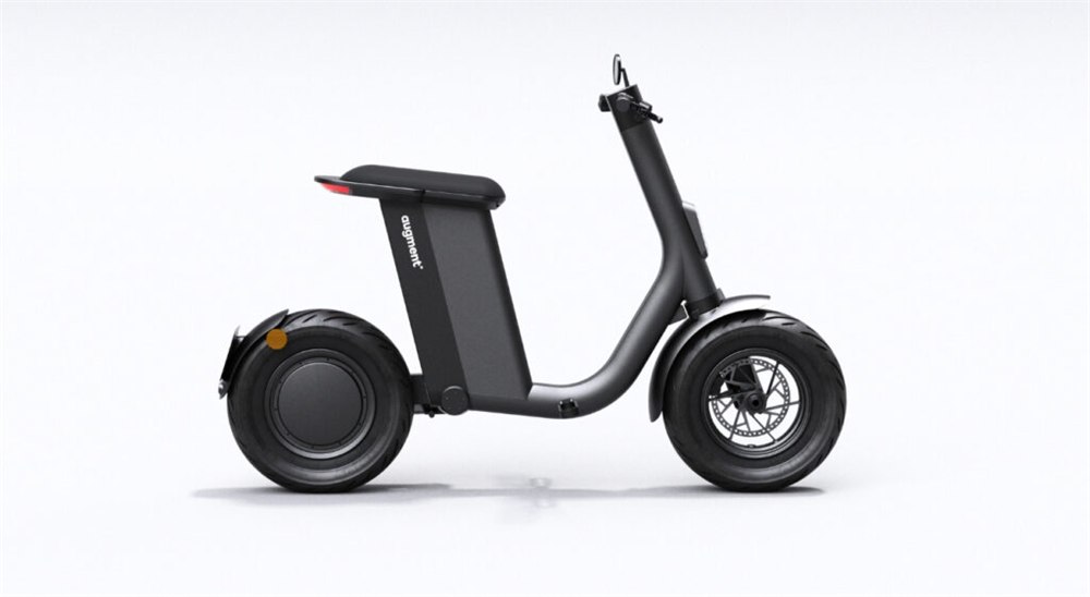 Augment 360 electric moped side profile with large tires and compact seated frame