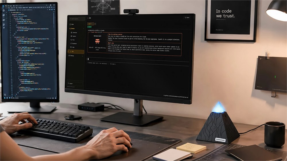 Autonomous Intern 2 running beside a multi-monitor workstation