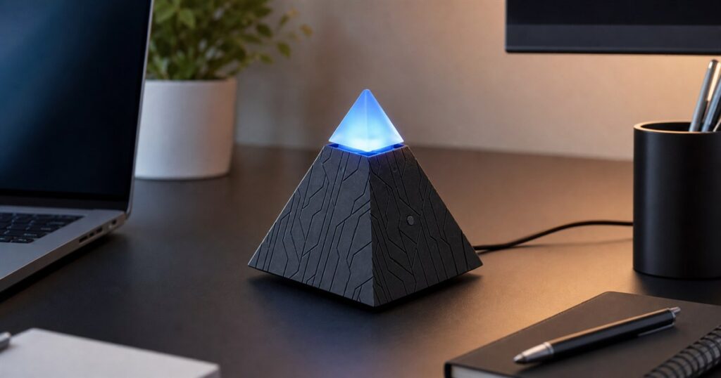 Autonomous Intern 2 glowing pyramid desktop AI agent on a modern desk