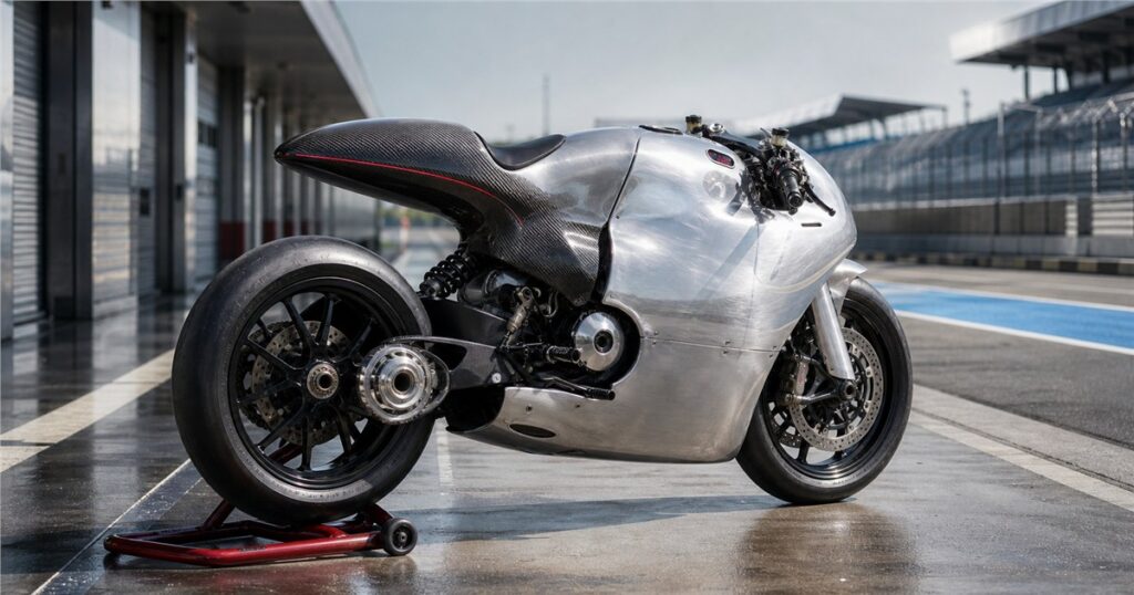 Bandit9 Ducati 821 polished aluminum coachbuilt motorcycle in a racetrack pit lane