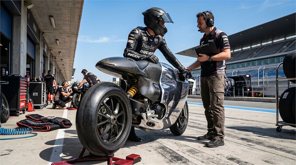 Bandit9 Ducati 821 in a racetrack pit lane with polished aluminum and carbon fiber bodywork