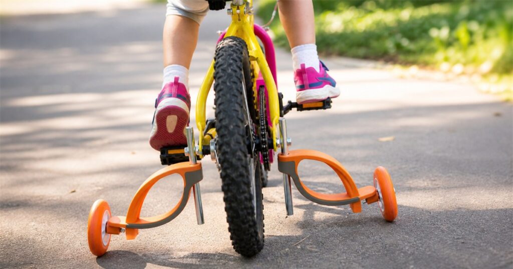 Baswil flexible bicycle training wheels mounted on a kids bike