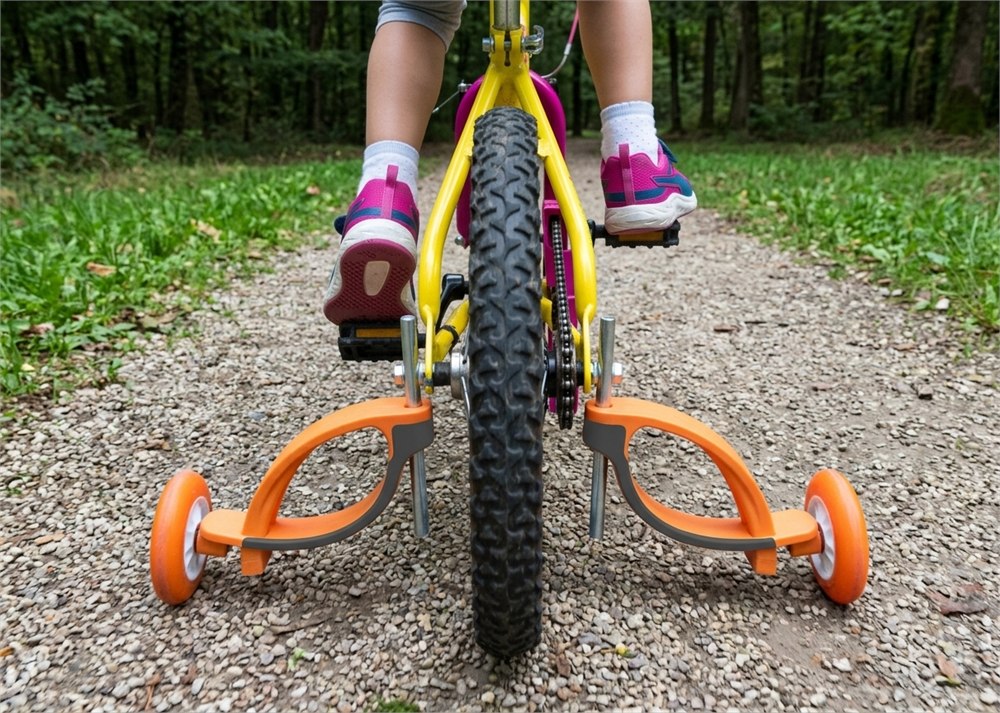 Baswil flexible stabilizers mounted behind a child riding a bicycle