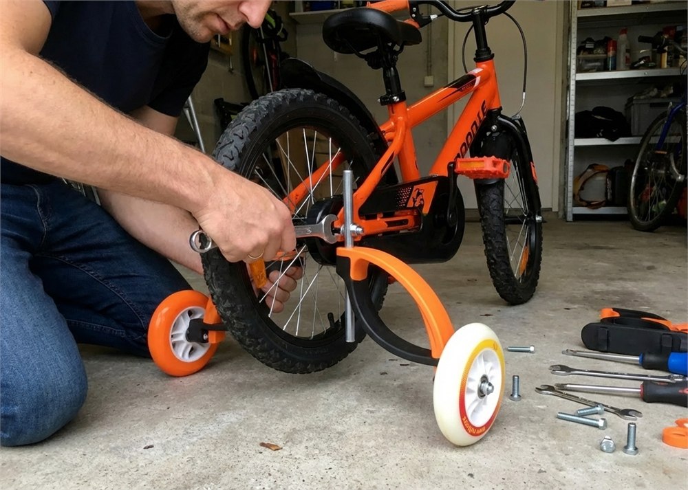 Baswil flexible stabilizers shown during installation on a kids bike