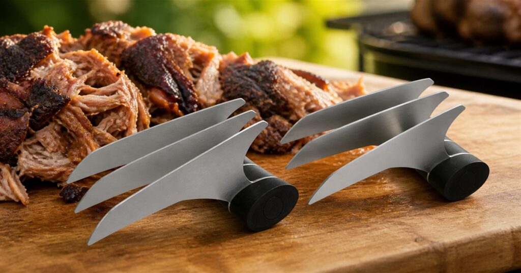 Stainless steel BBQ meat shredder claws beside pulled pork