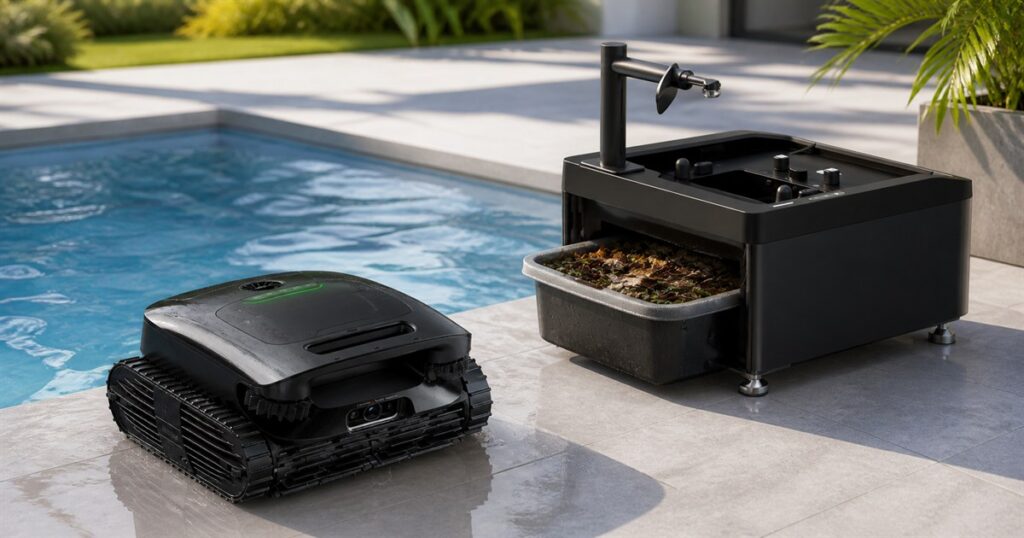 Beatbot AquaSense X robotic pool cleaner with AstroRinse self-cleaning dock by a pool