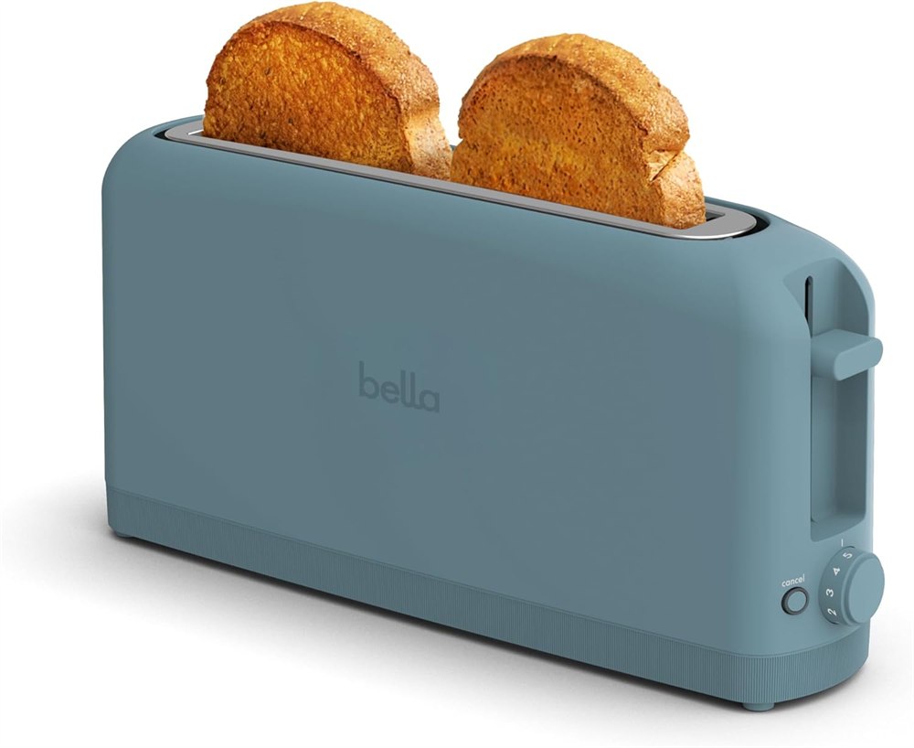 BELLA Fits-Anywhere slim toaster with two slices of toast in its long slot