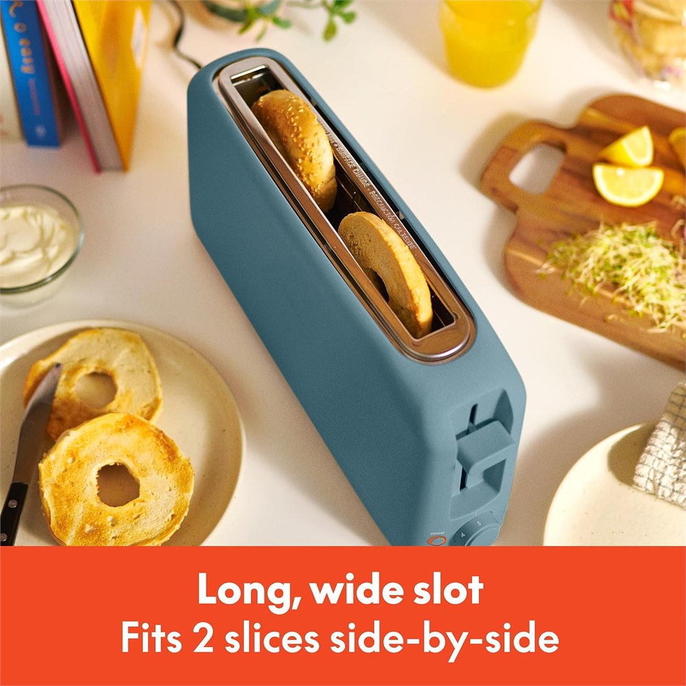 BELLA long slot toaster used with bagel halves on a kitchen counter