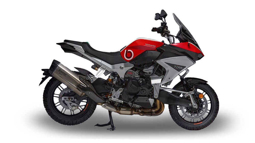Angled view of the Bimota Tesi H2 Tera exposed chassis and carbon bodywork