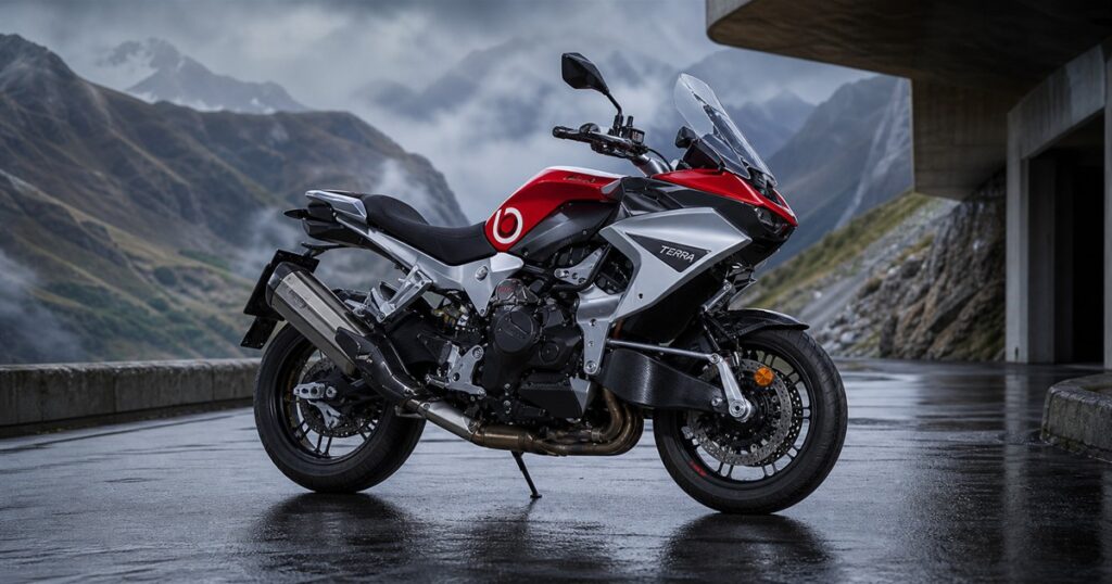 Bimota Tesi H2 Tera hub-center-steering motorcycle in mountain road setting