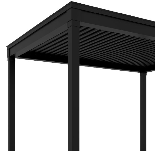 Black StruXure louvered pergola frame with adjustable roof slats