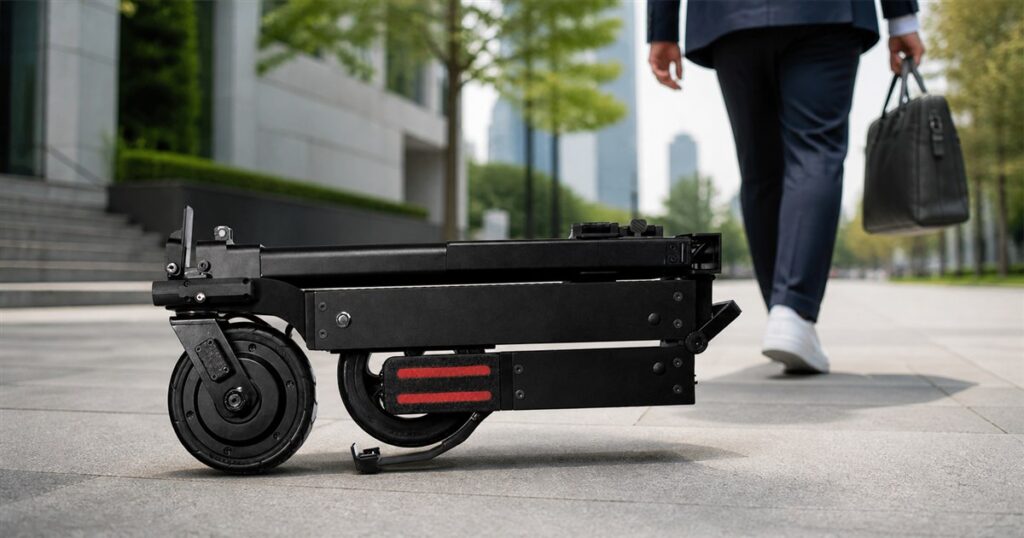 Blizwheel F0.5 folded compact electric scooter on an urban sidewalk