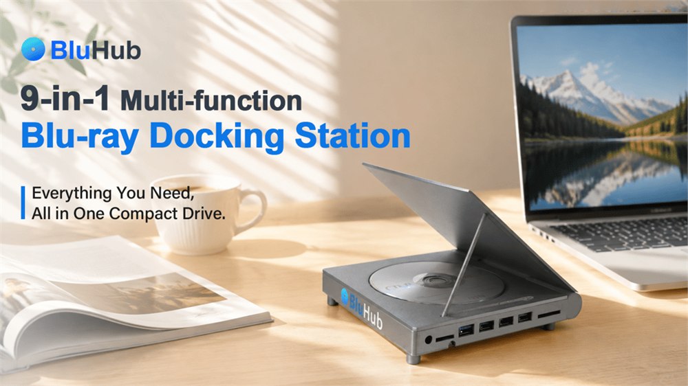BluHub connected to a laptop with disc tray and ports visible