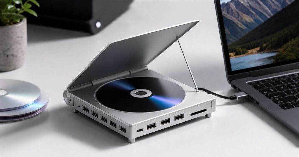 BluHub 9-in-1 Blu-ray hub open on a desk beside a laptop