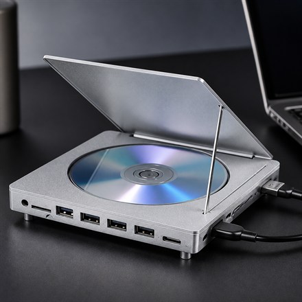 BluHub 9-in-1 Blu-ray hub with hinged lid and visible disc