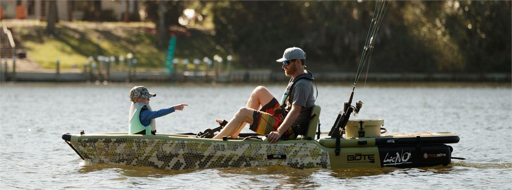 BOTE LONO Aero kayak with pedal drive and fishing setup on the water