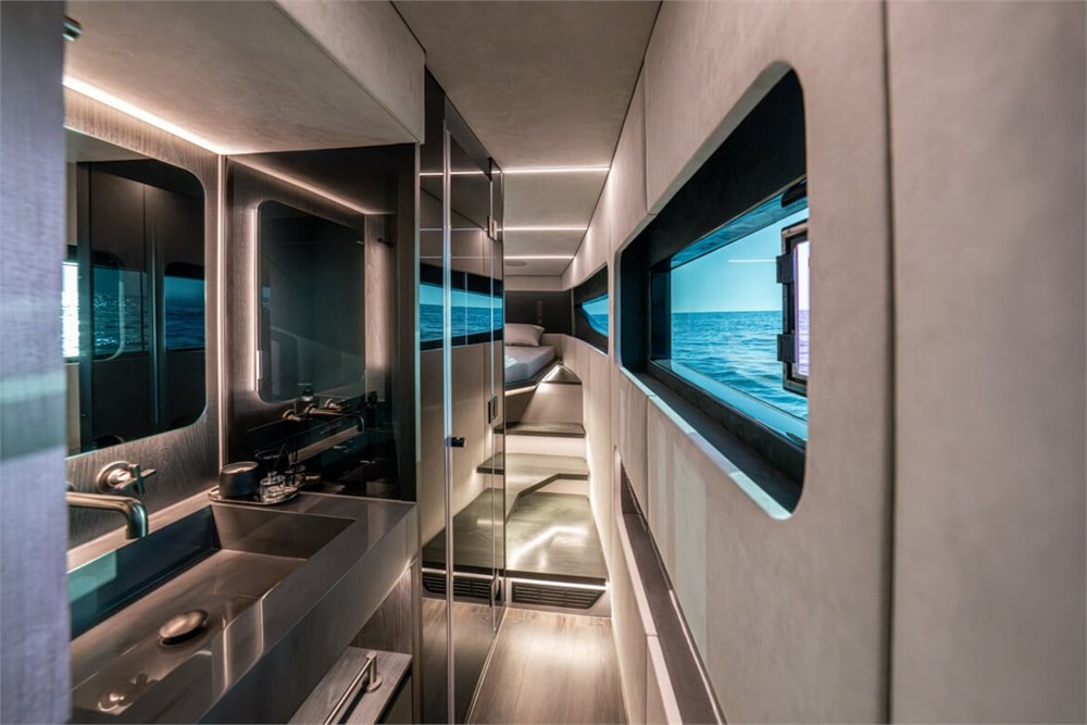 BRABUS ULTIMA 55 saloon and galley corridor with water views