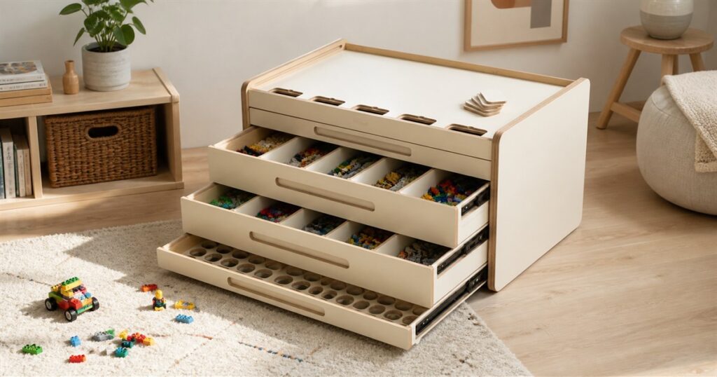 Brickle cream wooden LEGO sorting and storage furniture in a playroom
