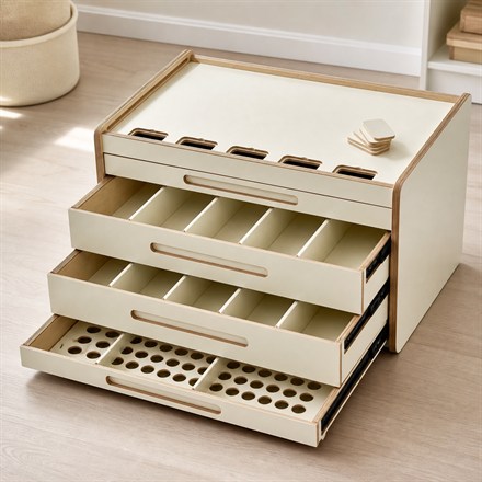 Brickle cream wooden LEGO sorting furniture with open drawers