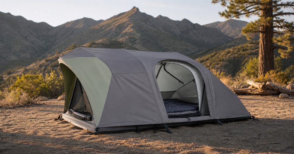 C6 Outdoor Rev Tent Gen 2 camping tent with built-in mattress at a mountain campsite