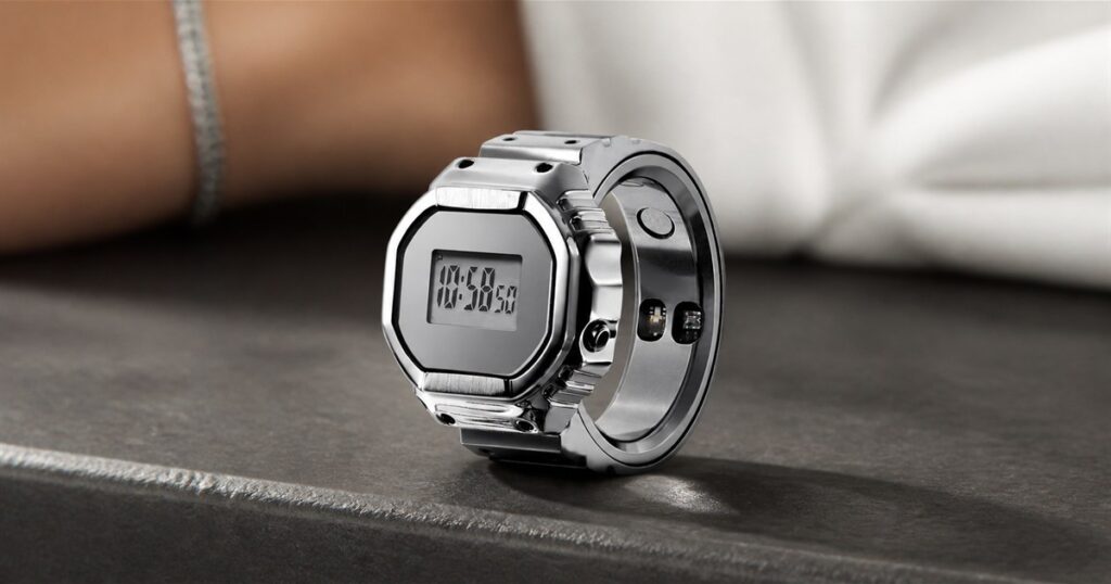 Casio CRW-H001M-8 smart ring watch with silver LCD ring design