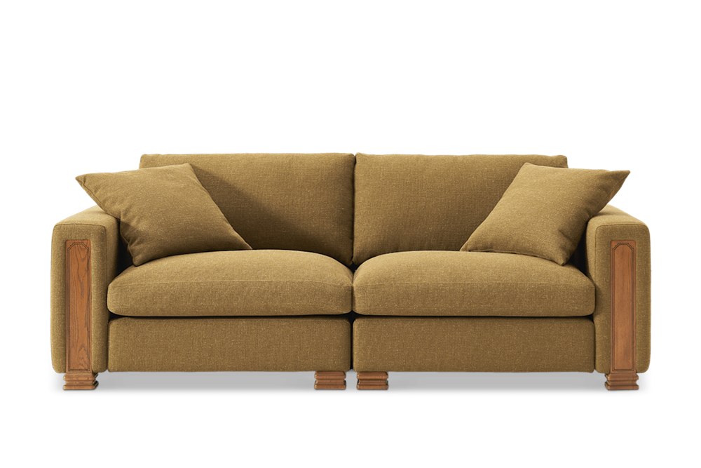 Tan France Kagan 3 Seater Sofa in caramel basketweave fabric with carved oak arm pillars