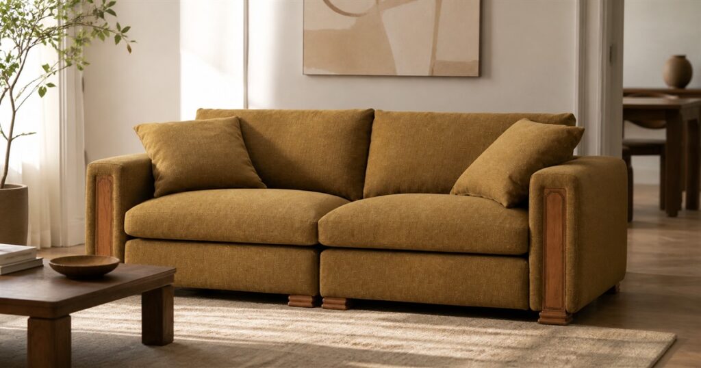 Tan France Kagan 3 Seater Sofa in caramel fabric with carved oak arm panels
